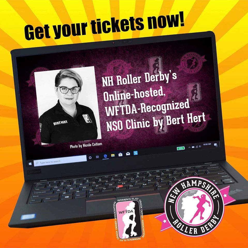 Image of a laptop with NSO Bert Hert featured on it and highlighting NHRD's WFTDA-Recognized NSO Clinic.